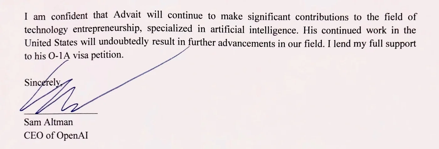 Sam Altman's signature on my O1 visa recommendation letter