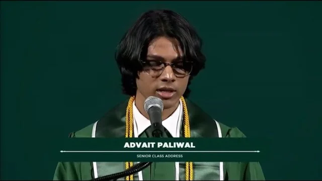 Advait Paliwal delivering the commencement speech at Michigan State